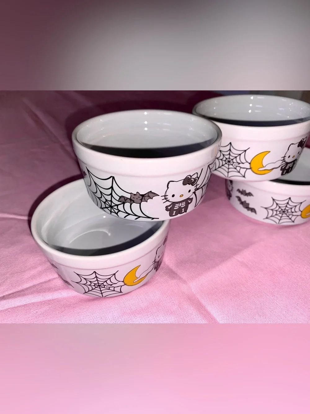 Hello Kitty Halloween Ceramic Ramekin Bowl Set Skeleton Moon Skull Spooky Spider